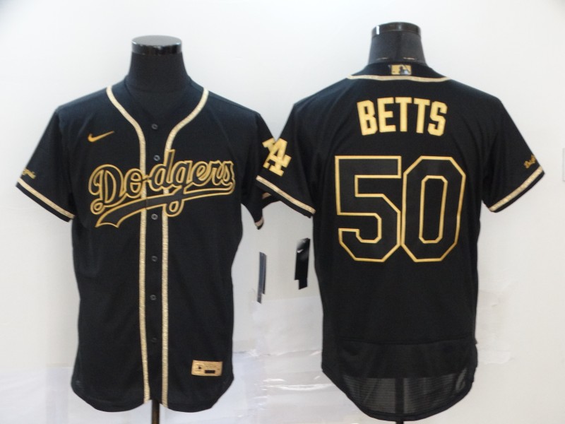 Men's Los Angeles Dodgers 50 Mookie Betts Black With Gold Stitched MLB