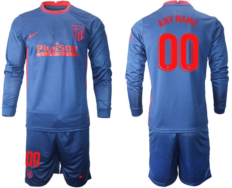 Men 2020-2021 club Atletico Madrid away long sleeves customized blue Soccer Jerseys