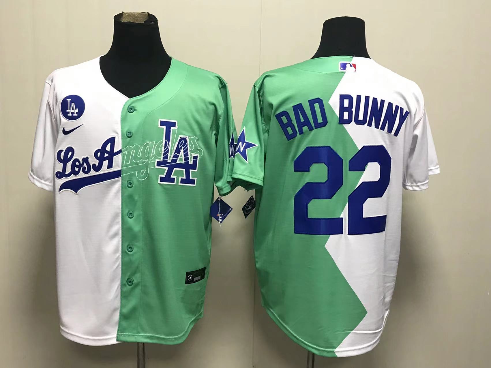Men's Los Angeles Dodgers 22 Bad Bunny White Green 2022 Celebrity
