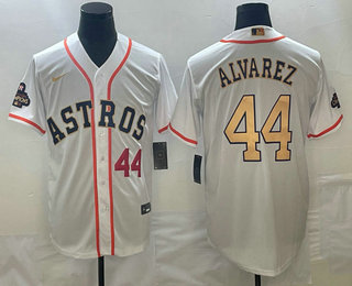Men's Houston Astros #44 Yordan Alvarez Number 2023 White Gold World Serise Champions Patch Cool Base Stitched Jerseys