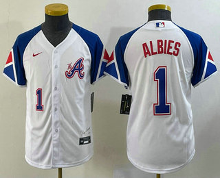 Youth Atlanta Braves #1 Ozzie Albies Number White 2023 City Connect Cool Base Stitched Jersey1