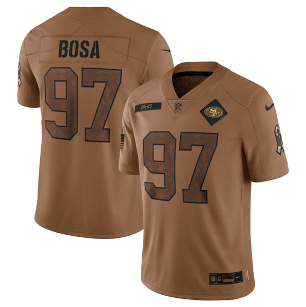 Men's San Francisco 49ers #97 Nick Bosa 2023 Brown Salute To Service Limited Football Stitched Jersey
