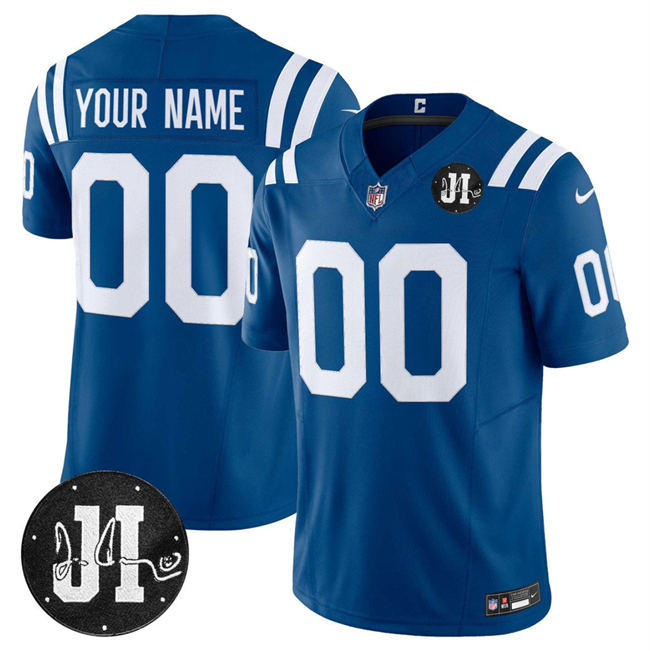 Men's Indianapolis Colts Active Player Custom Blue 2025 F.U.S.E. Jim Irsay Patch Vapor Limited Football Stitched Jersey