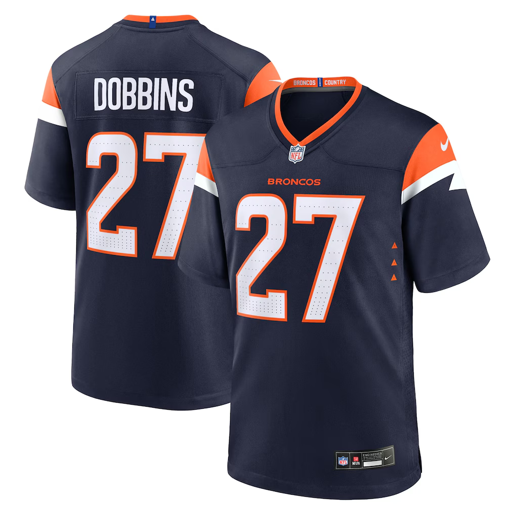 Men's Denver Broncos #27 J.K. Dobbins Navy 2025 Alternate Football Stitched Game Jersey