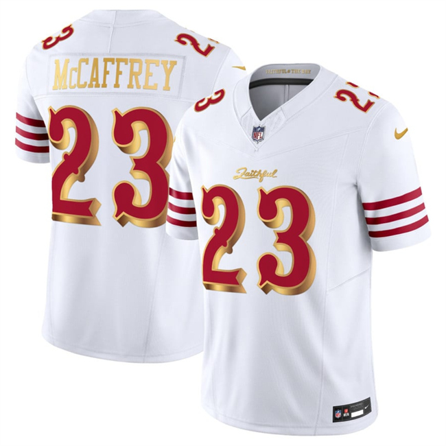 Men's San Francisco 49ers #23 Christian McCaffrey White Gold 2025 F.U.S.E. “Rivalries” Vapor Limited Football Stitched Jersey