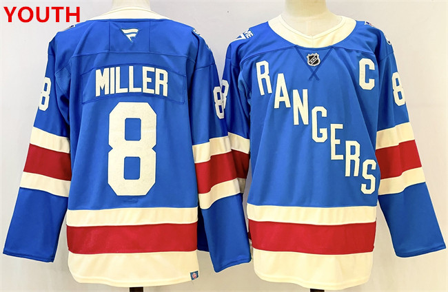 Youth new york rangers #8 jt miller blue 2025 with c patch stitched hockey