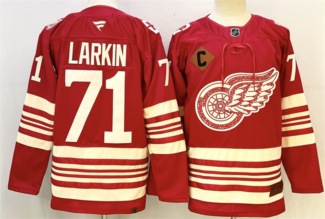 Men's Detroit Red Wings #71 Dylan Larkin Red 2025-26 With C Patch Centennial Premium Stitched Hockey Jersey