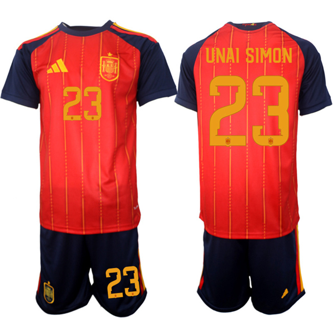 Men's Spain Team #23 Unai Simón 2025-26 Red Home Soccer Jersey Suit