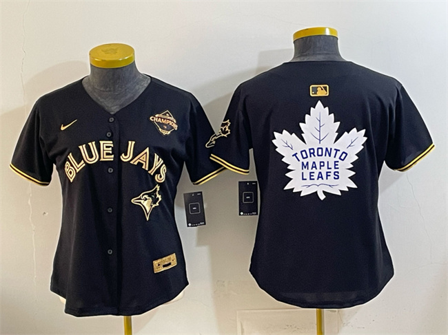 Women's Toronto Blue Jays & Leafs Black Gold 2025 American League Champions With White Leafs Logo Limited Stitched Baseball Jersey(Run Small)