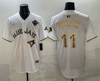 Men's Toronto Blue Jays #11 Bo Bichette White Gold 2025 American League Champions Limited Stitched Jersey