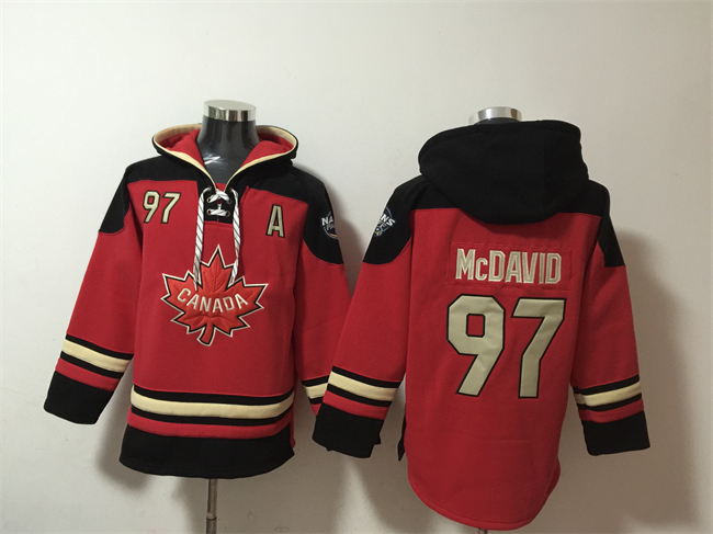 Men's Team Canada #97 Connor McDavid Red Black Ageless Must-Have Lace-Up Pullover Hoodie