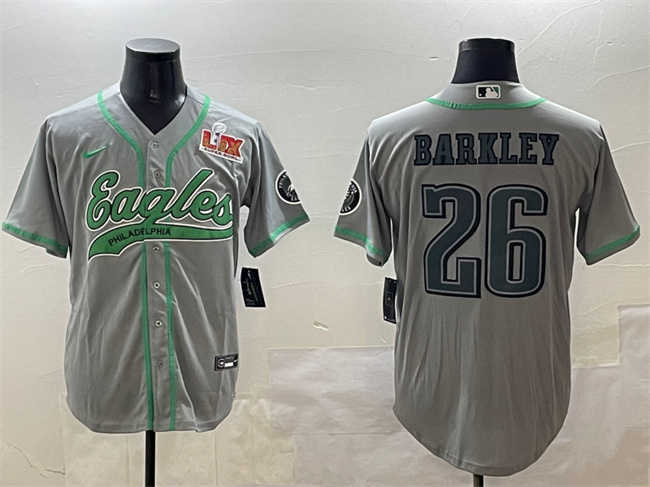 Men's Philadelphia Eagles #26 Saquon Barkley Gray 2025 Super Bowl LIX Patch Cool Base Stitched Baseball Jersey