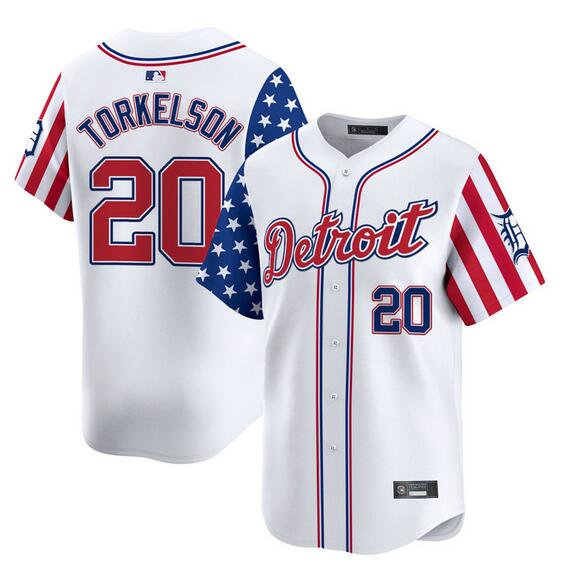 Men's Detroit Tigers #20 Spencer Torkelson White 2025 Independence Day Vapor Premier Limited Stitched Baseball Jersey