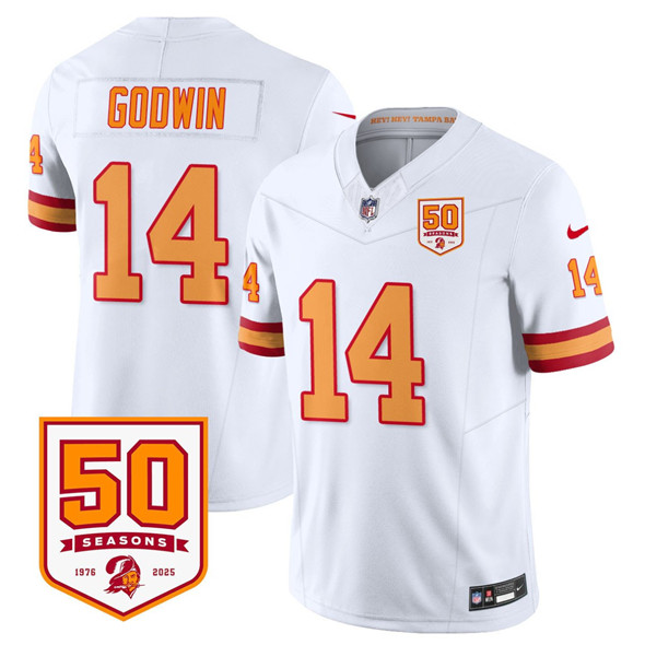Men's Tampa Bay Buccaneers #14 Chris Godwin White 2025 F.U.S.E. 50th Anniversary Patch Vapor Limited Football Stitched Jersey