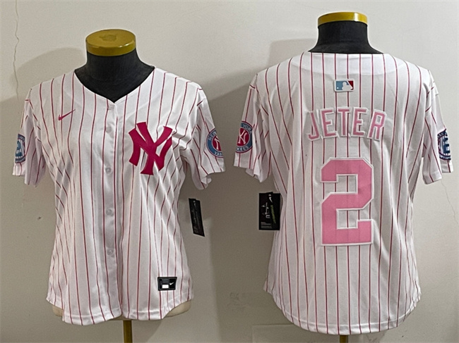 Youth New York Yankees #2 Derek Jeter White Pink Pinstripe Limited Stitched Baseball Jersey