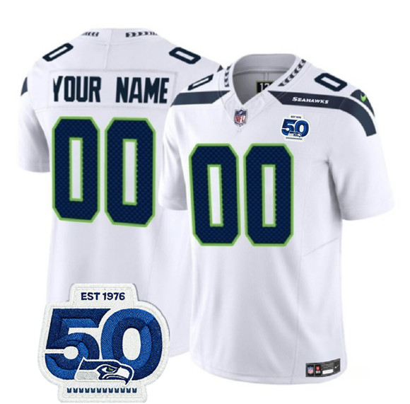 Men's Seattle Seahawks Active Player Custom White 2025 F.U.S.E. 50th Anniversary Patch Vapor Limited Stitched Jersey