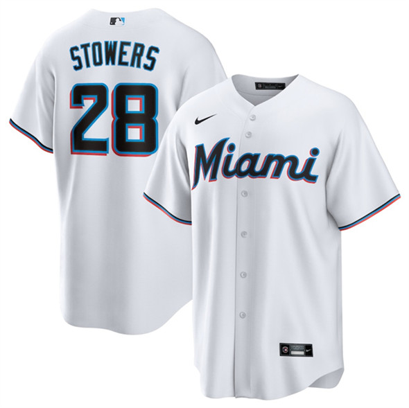 Men's Miami Marlins #28 Kyle Stowers White Cool Base Stitched Baseball Jersey