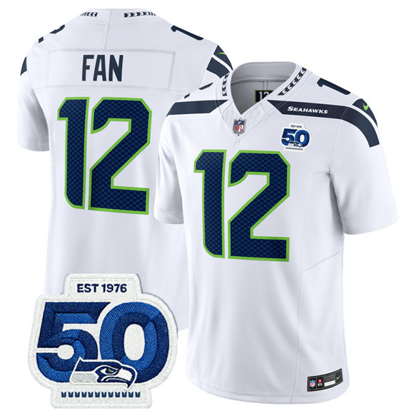 Men's Seattle Seahawks #12 Fan White 2025 F.U.S.E. 50th Anniversary Patch Vapor Limited Football Stitched Jersey