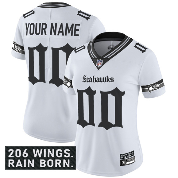 Women's Seattle Seahawks Active Player Custom White 2025 F.U.S.E. 'Gothic Rain City Shadows Edition' Vapor Untouchable Limited Football Stitched Jersey