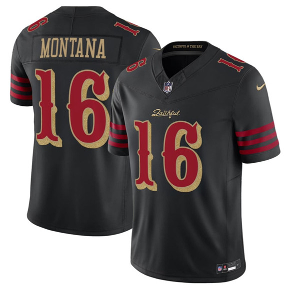 Men's San Francisco 49ers #16 Joe Montana Black 2025 F.U.S.E. “Rivalries” Vapor Limited Football Stitched Jersey