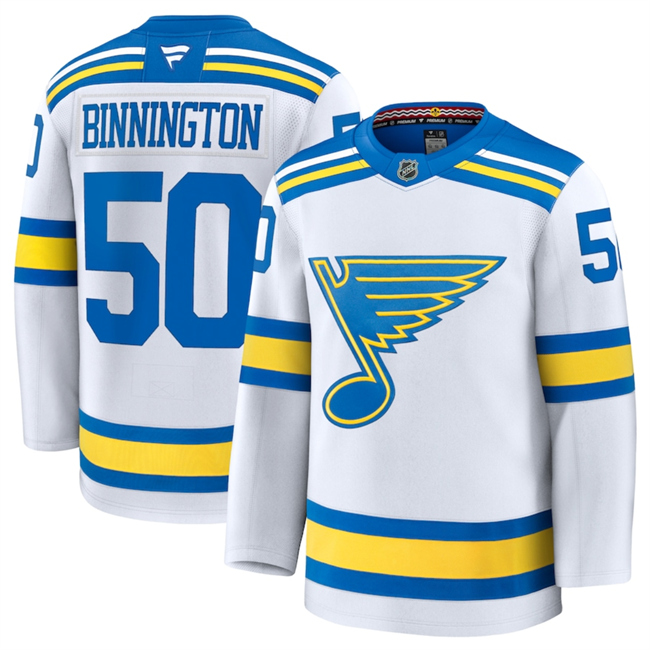 Men's St. Louis Blues #50 Jordan Binnington White 2024-25 Away Stitched Hockey Jersey
