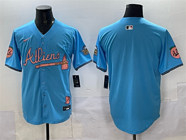 Men's Atlanta Braves Blank Blue 2024 Atliens & Peach With Outkast Patch Vapor Limited Stitched Baseball Jersey