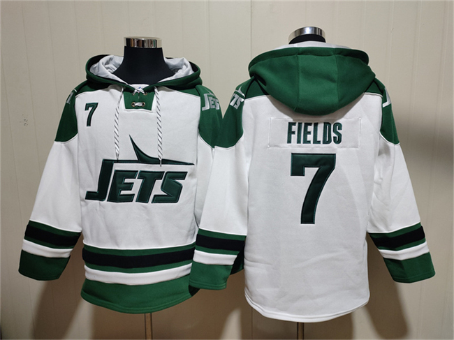 Men's New York Jets #7 Justin Fields White Ageless Must-Have Lace-Up Pullover Hoodie
