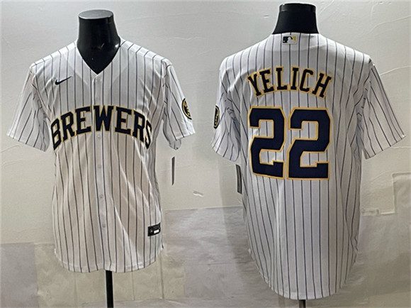 Men's Milwaukee Brewers #22 Christian Yelich White Pinstripe 2025 With Patch Stitched Jersey