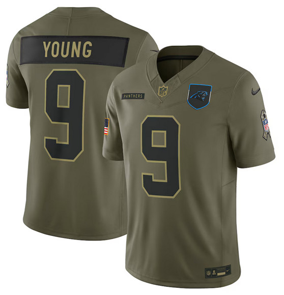 Men's Carolina Panthers #9 Bryce Young Olive 2025 Salute to Service Limited Football Stitched Jersey