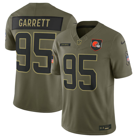 Men's Cleveland Browns #95 Myles Garrett Olive 2025 Salute to Service Limited Football Stitched Jersey