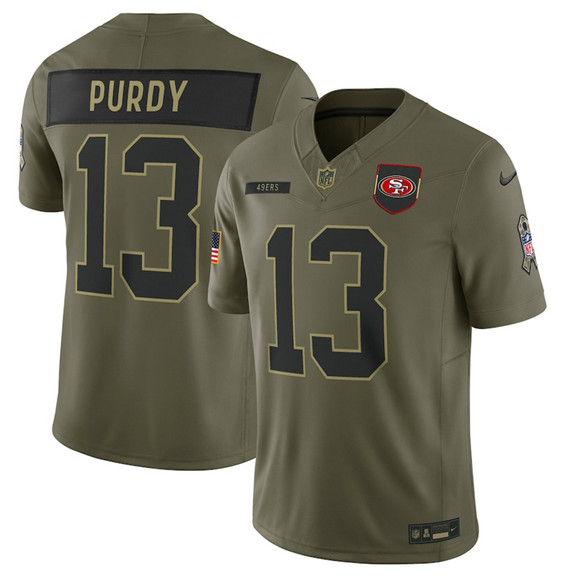Men's San Francisco 49ers #13 Brock Purdy Olive 2025 Salute to Service Limited Football Stitched Jersey