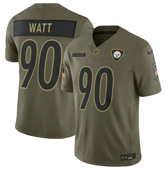 Men's Pittsburgh Steelers #90 T.J. Watt Olive 2025 Salute to Service Limited Football Stitched Jersey