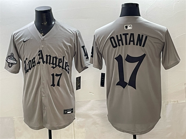 Men's Los Angeles Dodgers #17 Shohei Ohtani Grey LA Gothic Style With 2025 World Series Champions Patch Limited Stitched Baseball Jersey