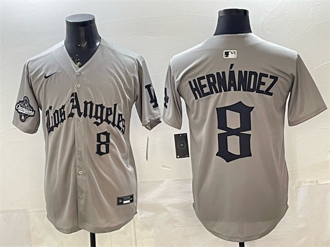 Men's Los Angeles Dodgers #8 Enrique Hernández Grey LA Gothic Style With 2025 World Series Champions Patch Limited Stitched Baseball Jersey