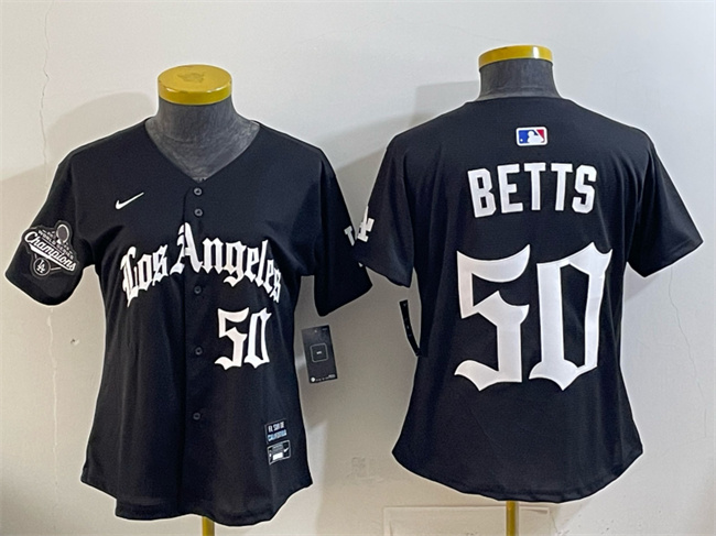 Youth Los Angeles Dodgers #50 Mookie Betts Black 2025 World Series Champions LA Gothic Edition Limited Stitched Baseball Jersey