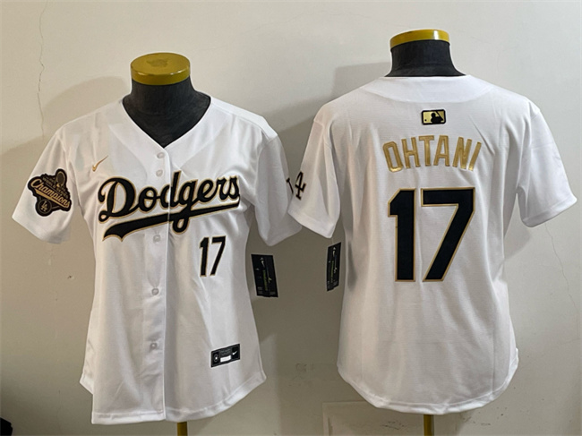 Youth Los Angeles Dodgers #17 Shohei Ohtani White Gold 2025 World Series Champions Patch Limited Stitched Baseball Jersey