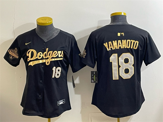 Youth Los Angeles Dodgers #18 Yoshinobu Yamamoto Black Gold 2025 World Series Champions Patch Limited Stitched Baseball Jersey