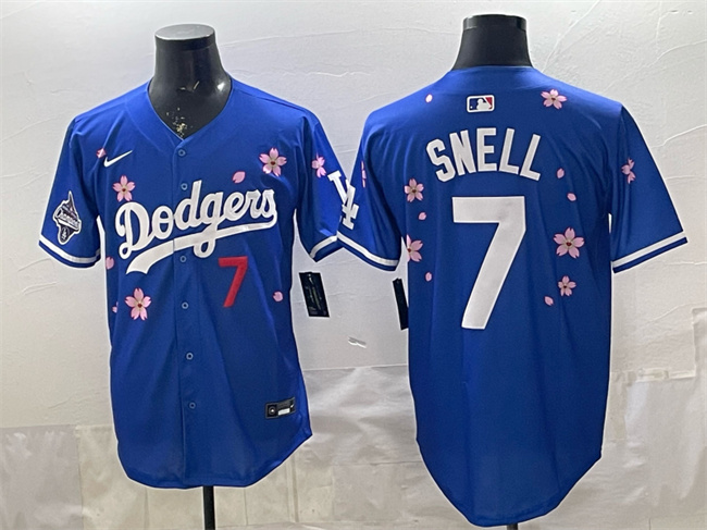 Men's Los Angeles Dodgers #7 Blake Snell Royal 2025 World Series Champions Patch Tokyo Series Limited Stitched Baseball Jersey