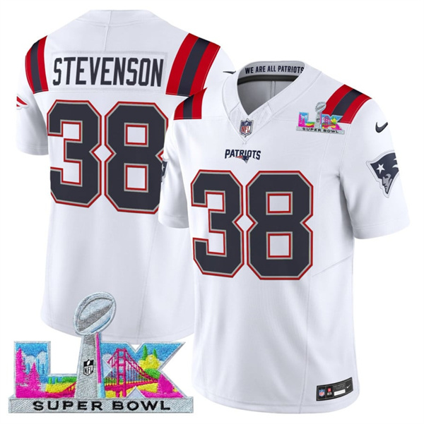Men's New England Patriots #38 Rhamondre Stevenson White 2025 F.U.S.E. Super Bowl LX Patch Vapor Limited Football Stitched Jersey