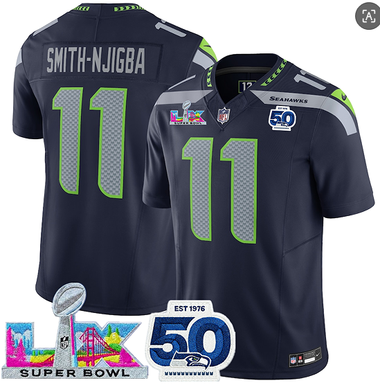 Men's Seattle Seahawks #11 Jaxon Smith-Njigba Navy 2025 F.U.S.E. Super Bowl LX Patch And 50th Season Patch Vapor Limited Football Stitched Jersey