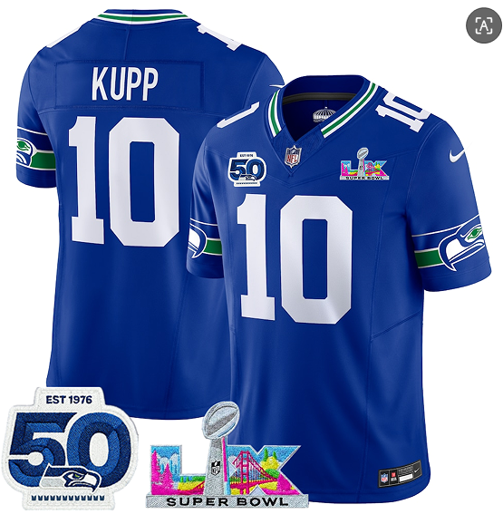 Men's Seattle Seahawks#10 Cooper Kupp Royal 2025 F.U.S.E. Super Bowl LX Patch And 50th Season Patch Vapor Throwback Limited Football Stitched Jersey
