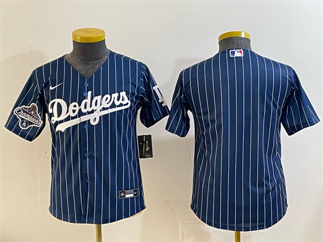 Youth Los Angeles Dodgers Blank Navy Pinstripe 2025 World Series Champions Patch Cool Base Stitched Baseball Jersey
