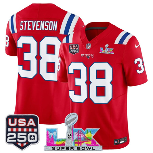Men's New England Patriots #38 Rhamondre Stevenson Red 2025 F.U.S.E. Super Bowl LX Patch And USA 250' Patch Vapor Limited Football Stitched Jersey