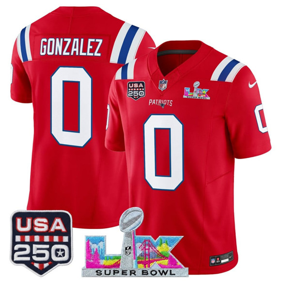 Men's New England Patriots #0 Christian Gonzalez Red 2025 F.U.S.E. Super Bowl LX Patch And USA 250' Patch Vapor Limited Football Stitched Jersey
