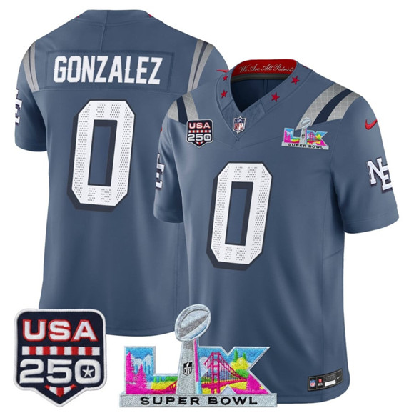 Men's New England Patriots #0 Christian Gonzalez Storm Blue 2025 F.U.S.E. Super Bowl LX & USA 250' Patch “Rivalries” Vapor Limited Football Stitched Jersey