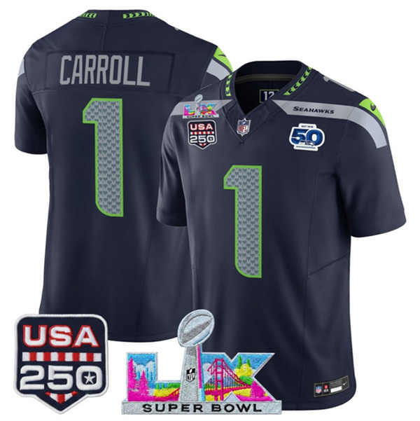 Men's Seattle Seahawks #1 Pete Carroll Navy 2025 F.U.S.E. Super Bowl LX Patch And 50th Season & USA 250' Patch Vapor Limited Football Stitched Jersey