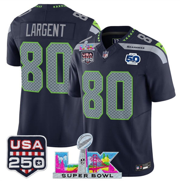 Men's Seattle Seahawks #80 Steve Largent Navy 2025 F.U.S.E. Super Bowl LX Patch And 50th Season & USA 250' Patch Vapor Limited Football Stitched Jersey