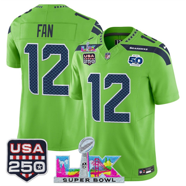 Men's Seattle Seahawks #12 Fan Green 2025 F.U.S.E. Super Bowl LX Patch And 50th Season & USA 250' Patch Vapor Limited Football Stitched Jersey