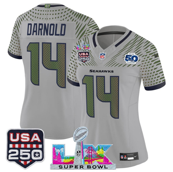 Women's Seattle Seahawks #14 Sam Darnold Gray 2025 F.U.S.E. Super Bowl LX & US 250th anniversary Patch And 50th Season Patch “Rivalries” Vapor Limited Football Stitched Jersey(Run Small)