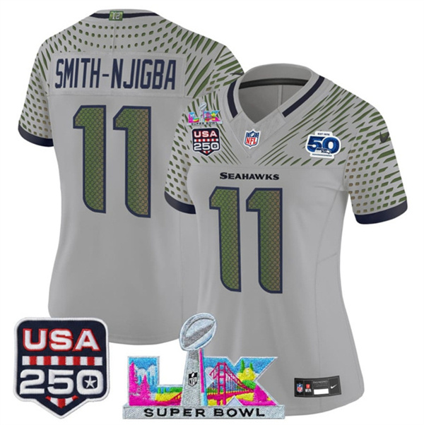 Women's Seattle Seahawks #11 Jaxon Smith-Njigba Gray 2025 F.U.S.E. Super Bowl LX & US 250th anniversary Patch And 50th Season Patch “Rivalries” Vapor Limited Football Stitched Jersey(Run Small)